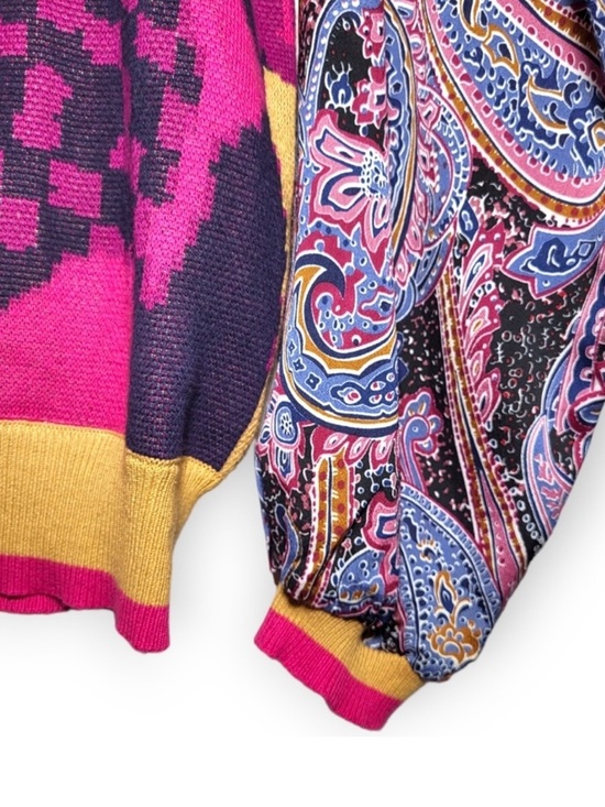 Golden by Goldie Boutique Pink Woven Contrast Print Balloon Sleeve Sweater Small - Picture 7 of 8